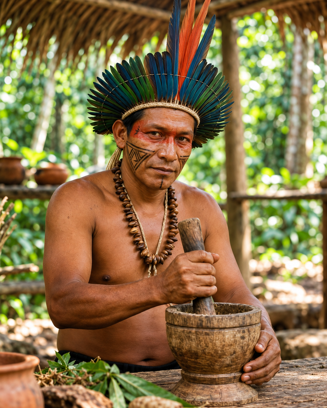 Personagem Moara em um cenário de floresta, preparando ingredientes em um pilão